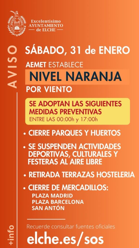 Elche decreta el cierre de parques y la suspensión de actividades al aire libre por aviso naranja por viento
