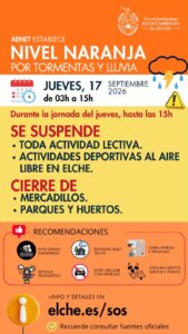 Elche suspende las clases y las actividades al aire libre este jueves por la alerta naranja
