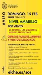 Elche activa este domingo el aviso amarillo por viento y cierra parques y jardines