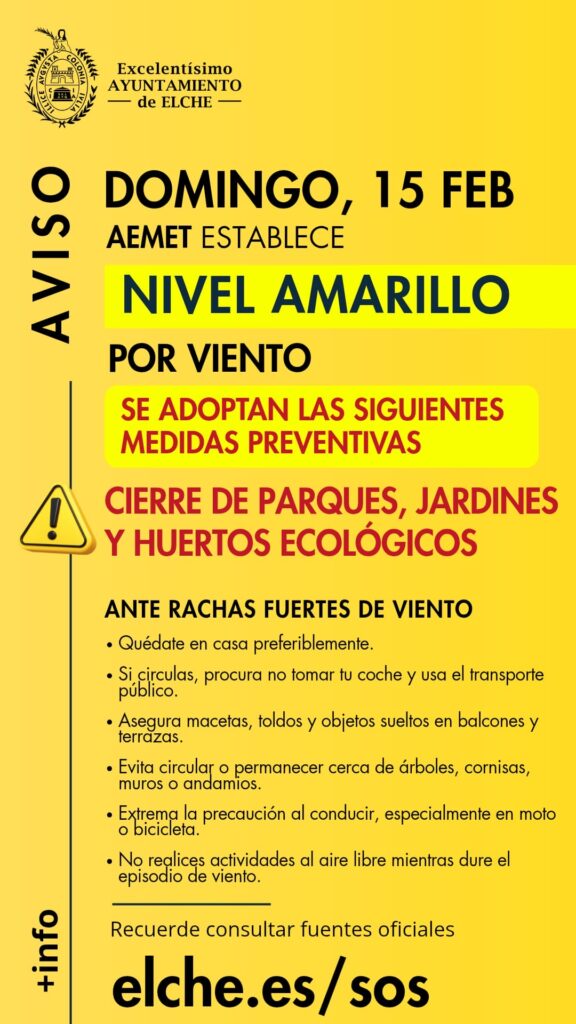 Elche activa este domingo el aviso amarillo por viento y cierra parques y jardines