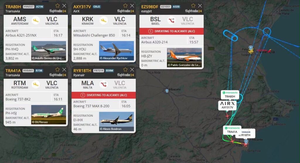 Cinco vuelos tuvieron que ser desviados a Elche tras el aterrizaje de emergencia de un avión en Valencia