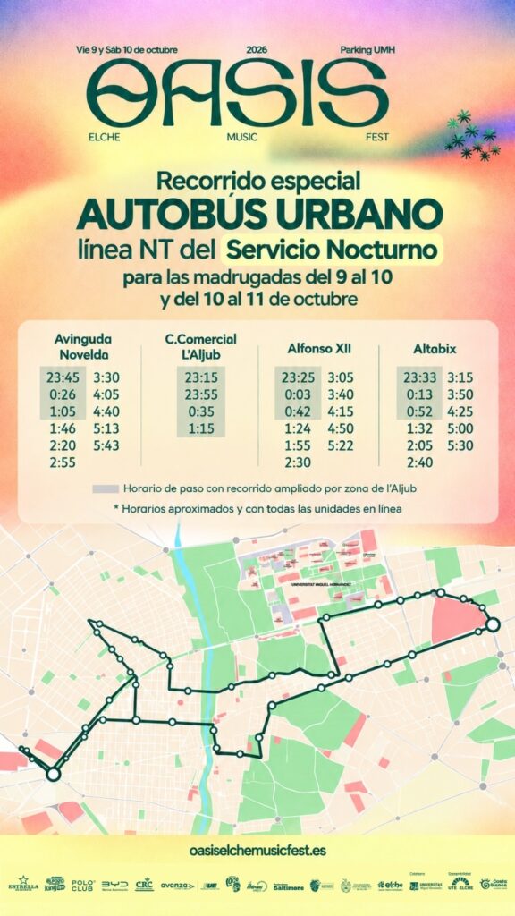 Elche refuerza el autobús nocturno durante el Oasis Music Fest y la Fireta del Camp d’Elx