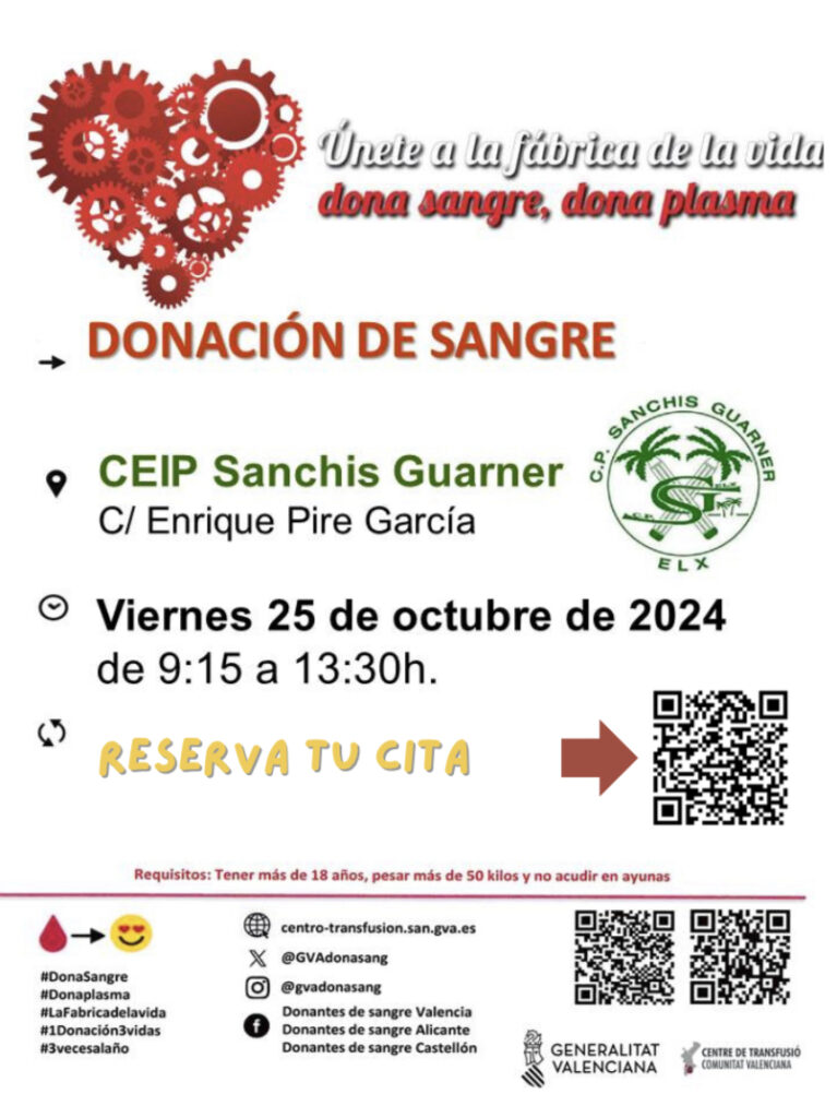 El CEIP Sanchis Guarner organiza el 25 de octubre una jornada de donación de sangre para salvar vidas y fomentar la solidaridad