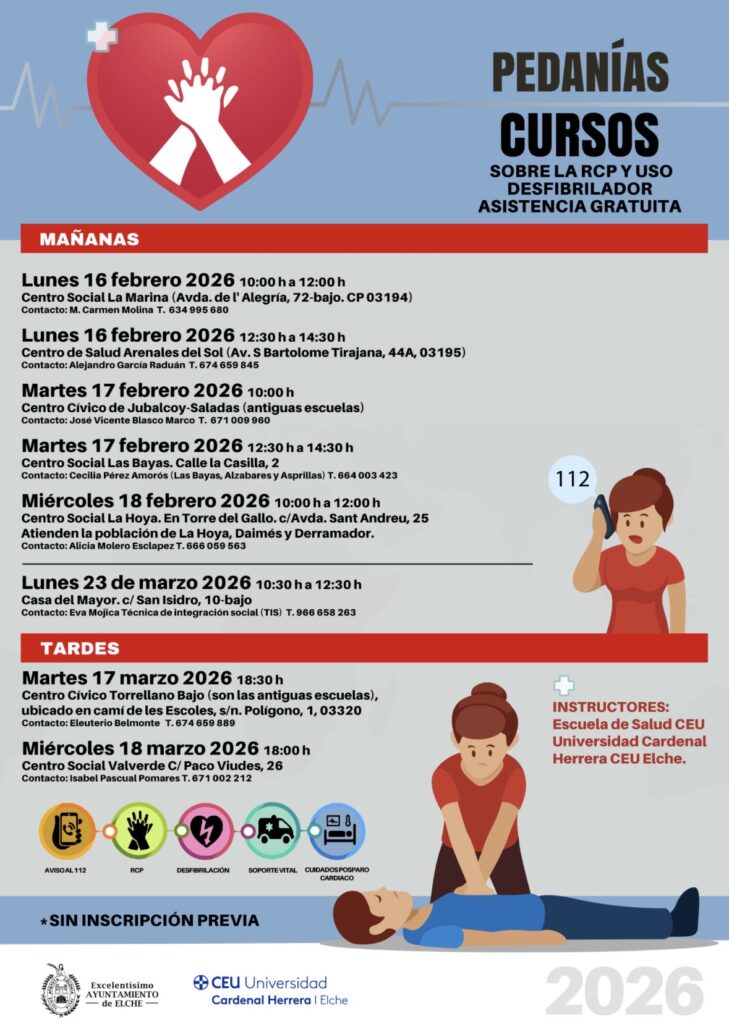 Elche lanza cursos gratuitos de RCP y uso de desfibradores en pedanías y Casa del Mayor